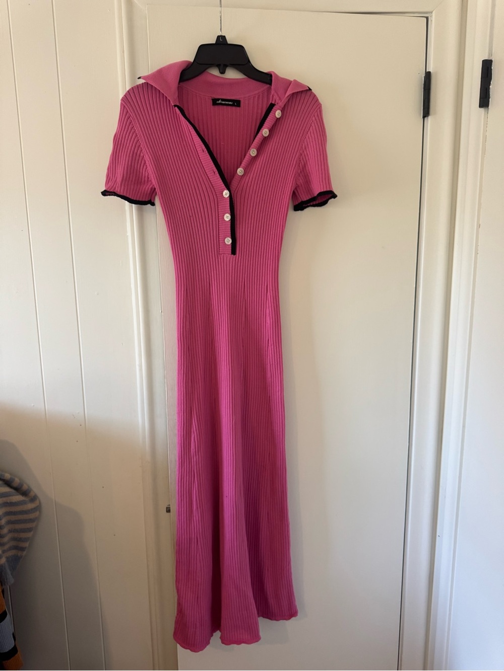Olivaceous Ribbed Pink Polo Maxi Dress with Black Trim